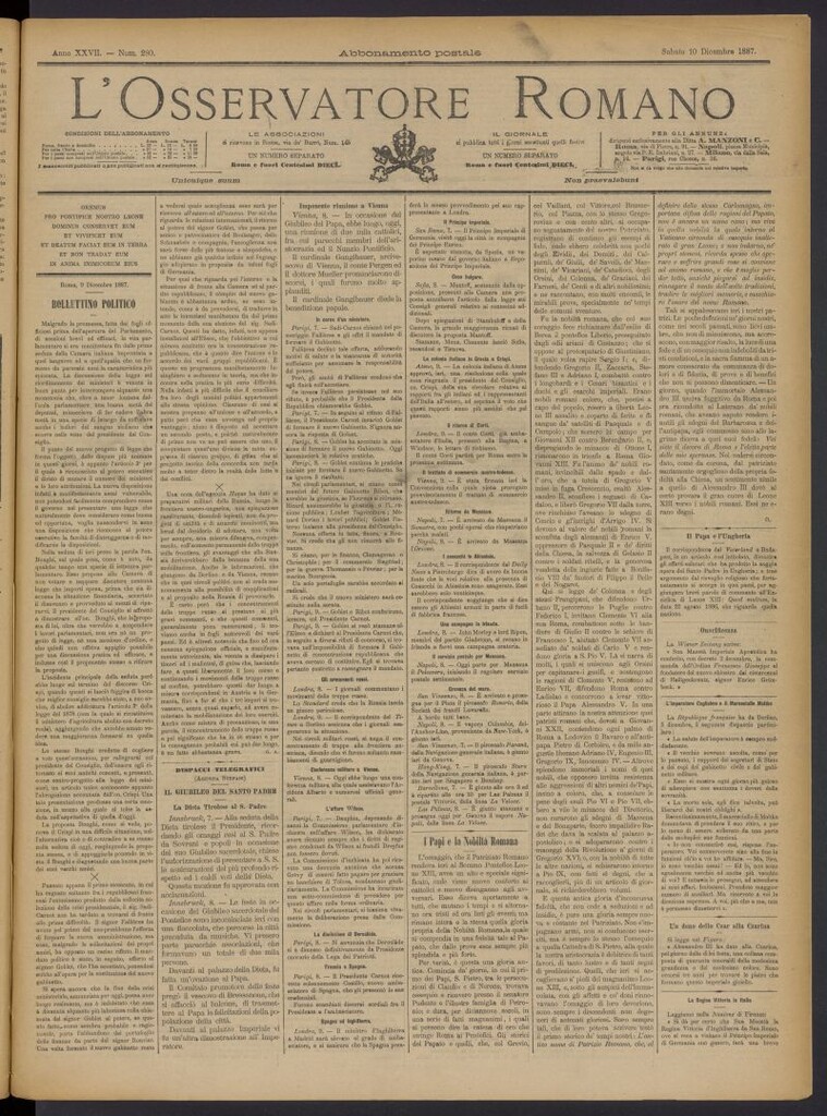 Miniatura de L´Osservattore Romano del 10 de diciembre de 1887, nº 280