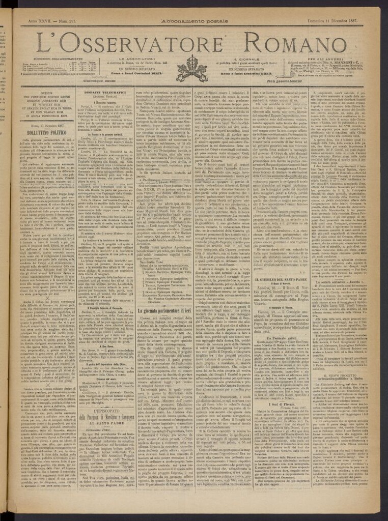 Miniatura de L´Osservattore Romano del 11 de diciembre de 1887, nº 281