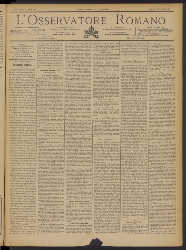 Miniatura de L´Osservattore Romano del 13 de diciembre de 1887, nº 282