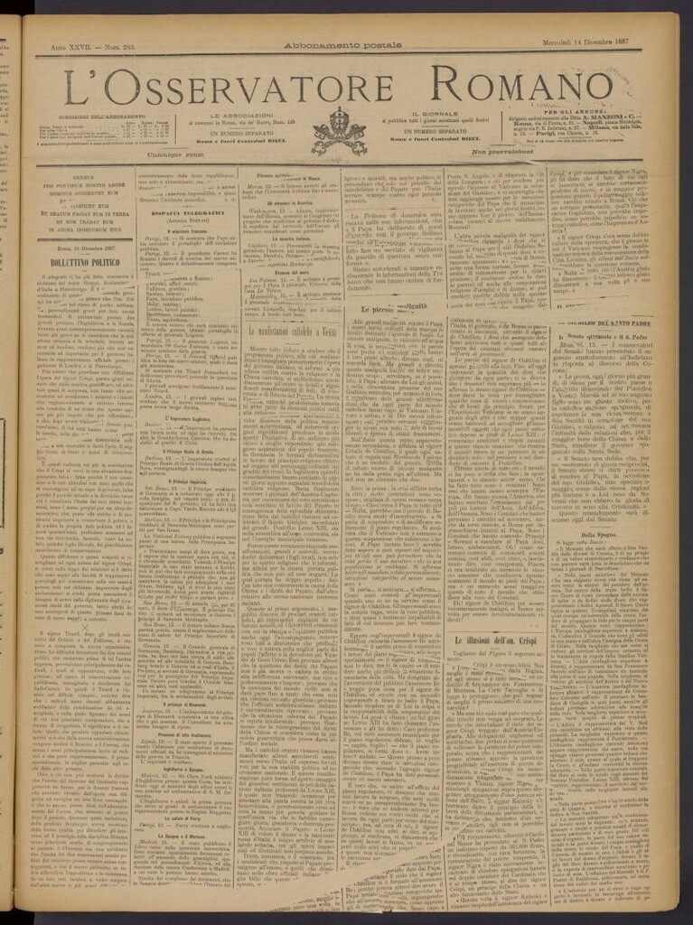Miniatura de L´Osservattore Romano del 14 de diciembre de 1887, nº 283