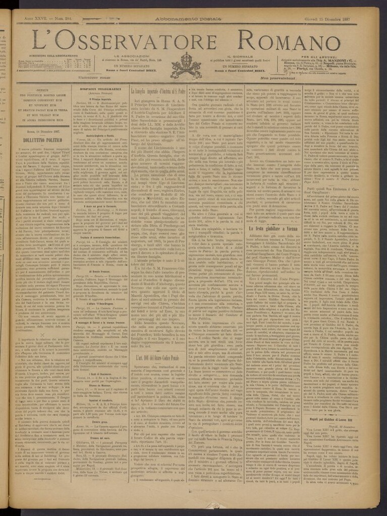 Miniatura de L´Osservattore Romano del 15 de diciembre de 1887, nº 284