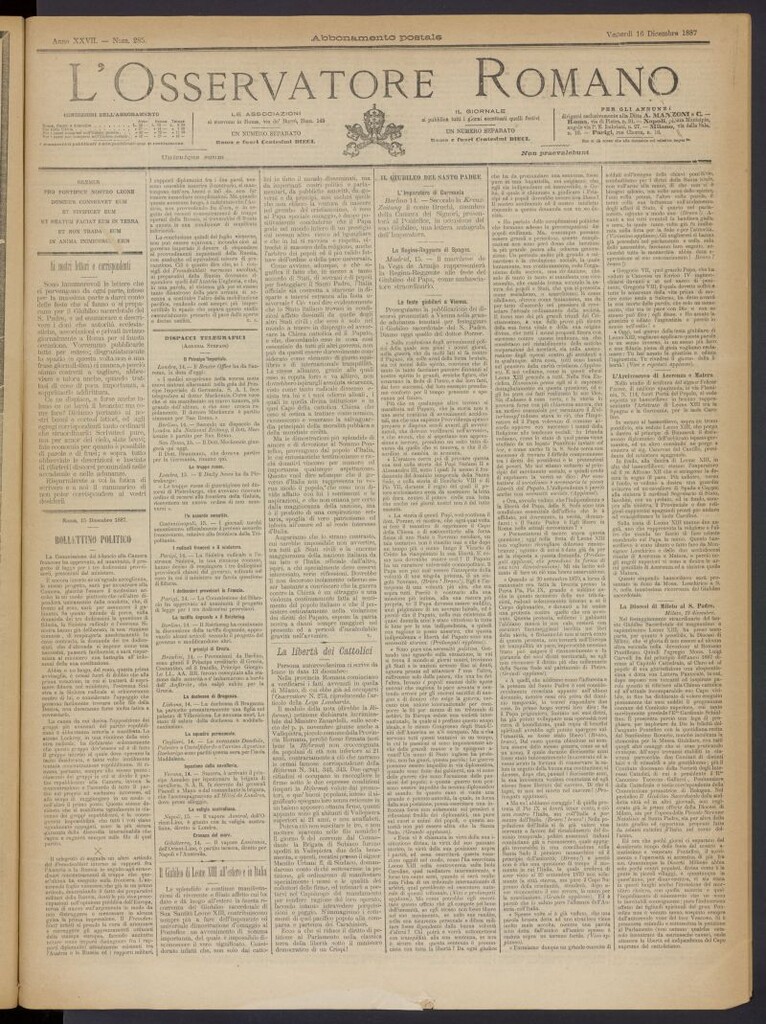 Miniatura de L´Osservattore Romano del 16 de diciembre de 1887, nº 285