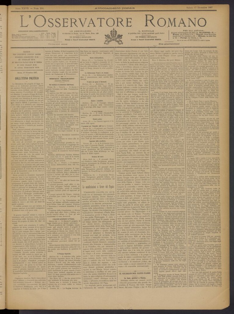 Miniatura de L´Osservattore Romano del 17 de diciembre de 1887, nº 286