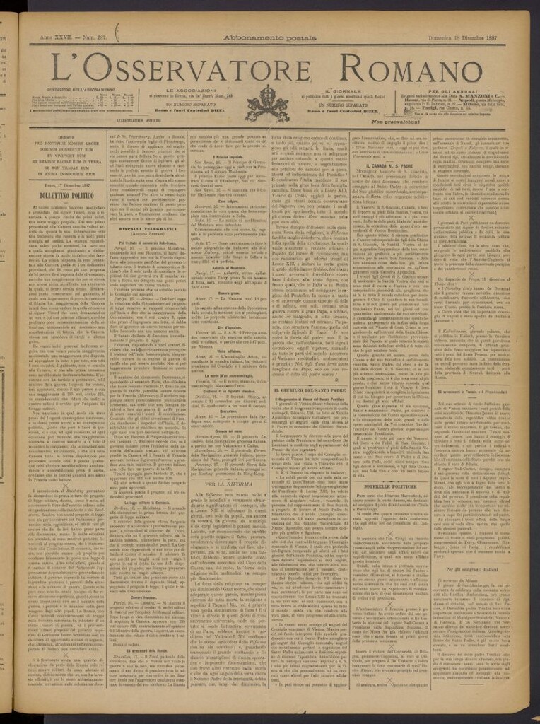 Miniatura de L´Osservattore Romano del 18 de diciembre de 1887, nº 287