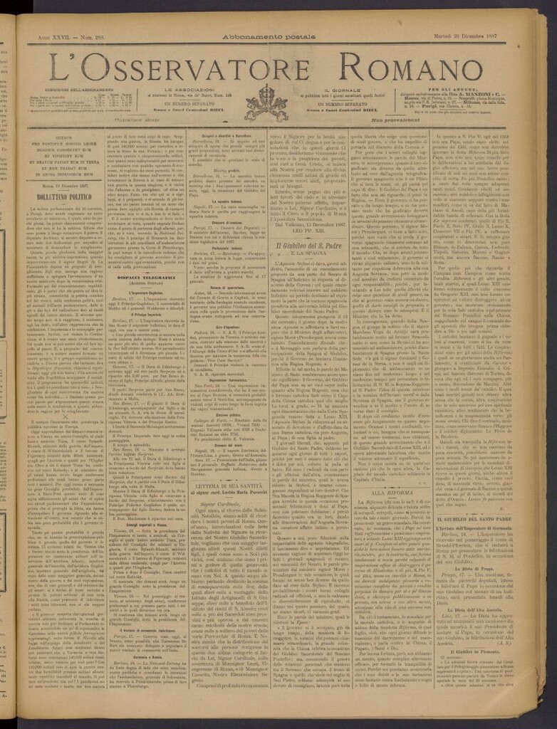 Miniatura de L´Osservattore Romano del 20 de diciembre de 1887, nº 288