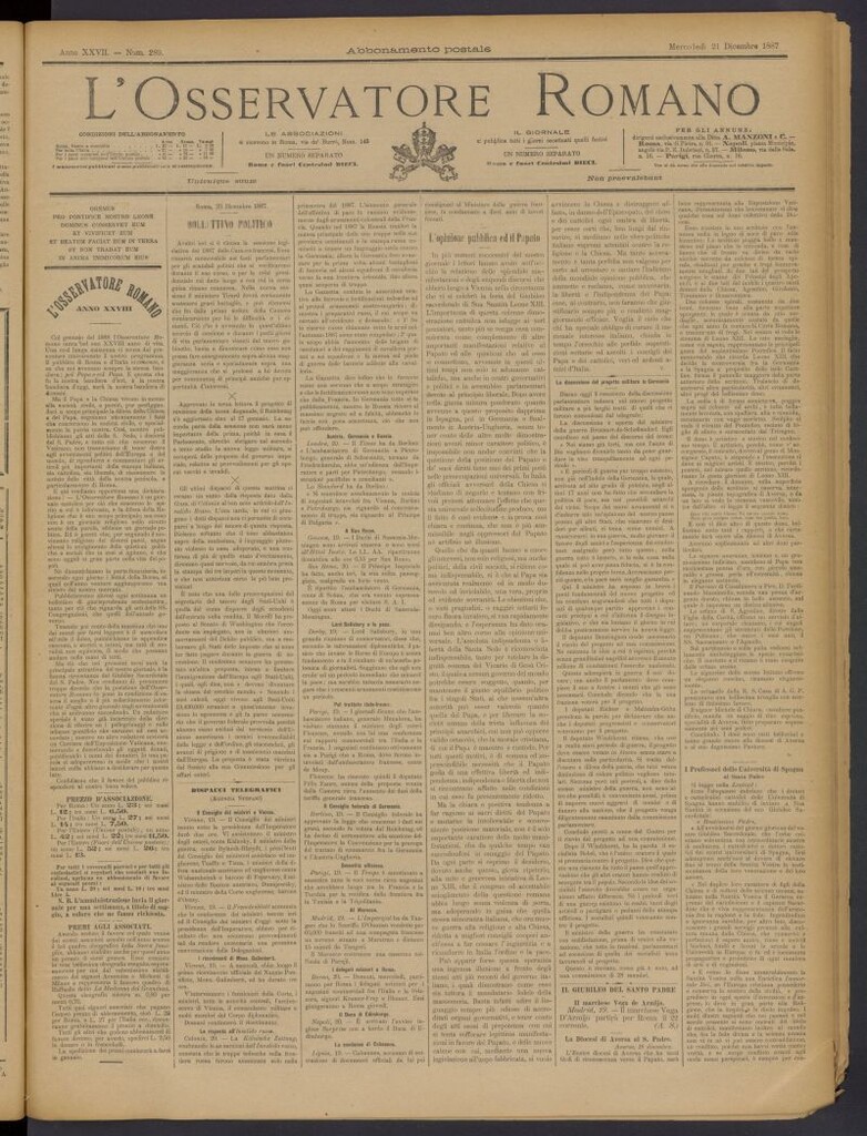 Miniatura de L´Osservattore Romano del 21 de diciembre de 1887, nº 289