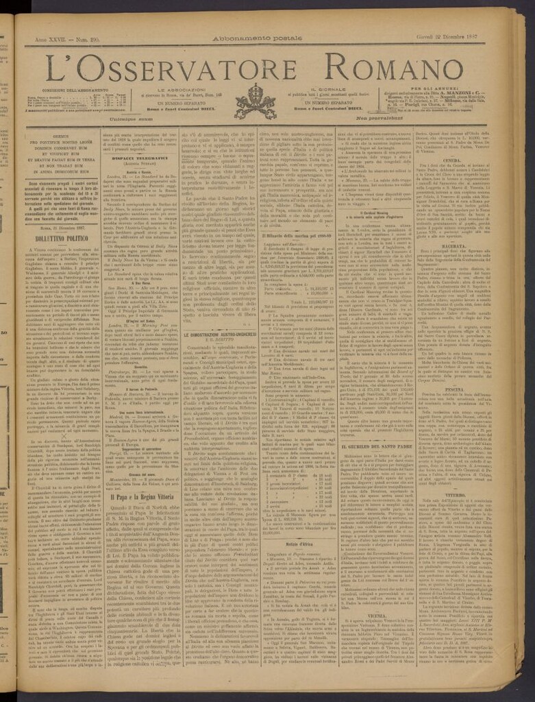 Miniatura de L´Osservattore Romano del 22 de diciembre de 1887, nº 290