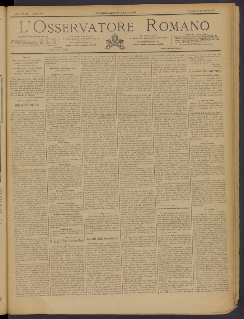Miniatura de L´Osservattore Romano del 23 de diciembre de 1887, nº 291