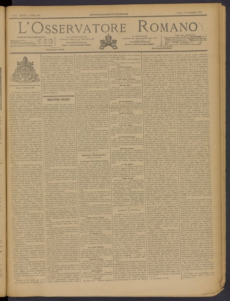 Miniatura de L´Osservattore Romano del 24 de diciembre de 1887, nº 292