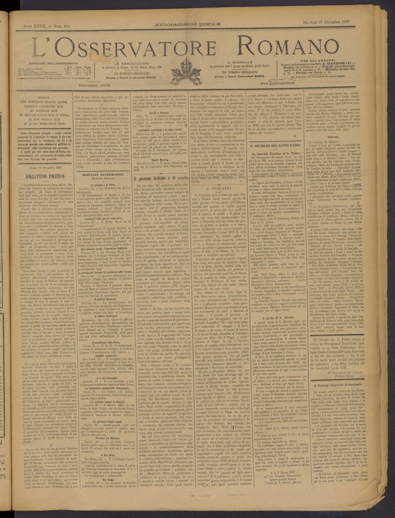 Miniatura de L´Osservattore Romano del 27 de diciembre de 1887, nº 294
