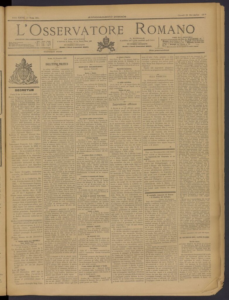 Miniatura de L´Osservattore Romano del 29 de diciembre de 1887, nº 295