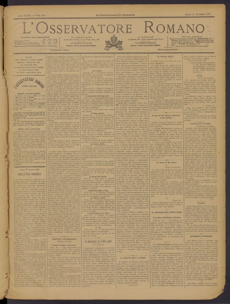 Miniatura de L´Osservattore Romano del 31 de diciembre de 1887, nº 297