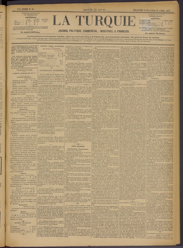 Miniatura de La Turquie del 15 y 16 de abril de 1877, nº 84