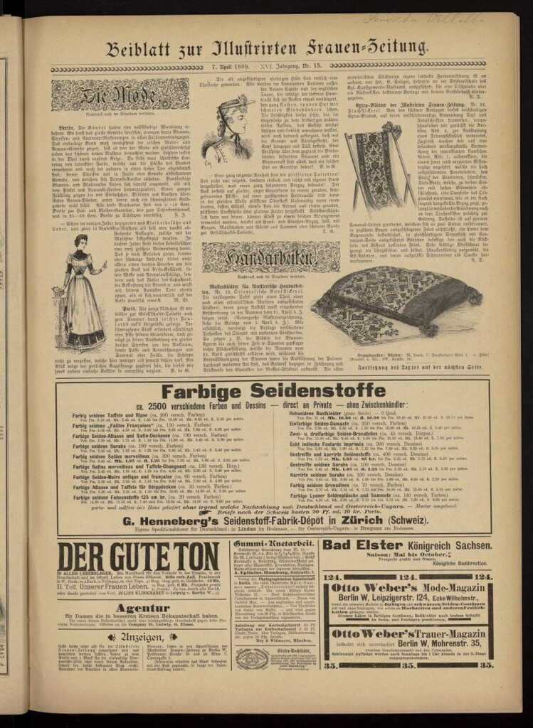 Miniatura de Illustrierte Frauen Zeitung del 7 de abril de 1889, suplemento al nº 15