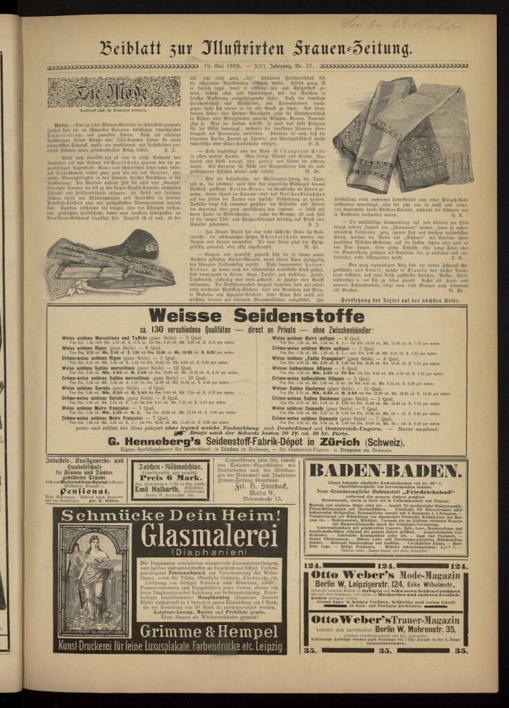 Miniatura de Illustrierte Frauen Zeitung del 19 de mayo de 1889, suplemento al nº 21