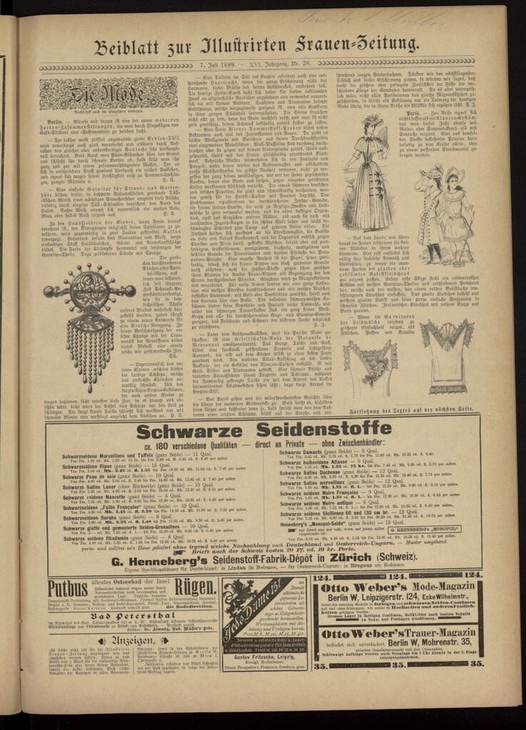 Miniatura de Illustrierte Frauen Zeitung del 7 de julio de 1889, suplemento al nº 28