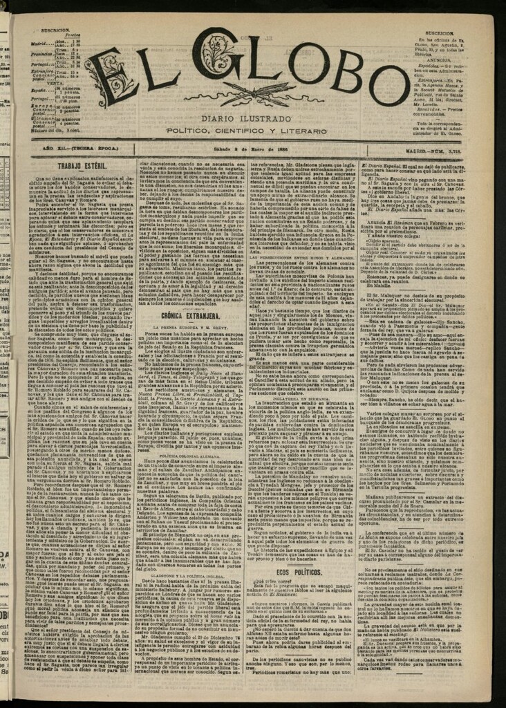 Miniatura de El Globo : diario ilustrado del 2 de enero de 1886, nº 3718