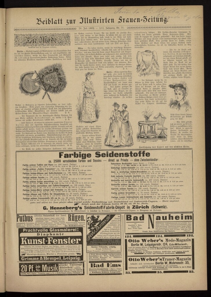 Miniatura de Illustrierte Frauen Zeitung del 28 de julio de 1889, suplemento al nº 31