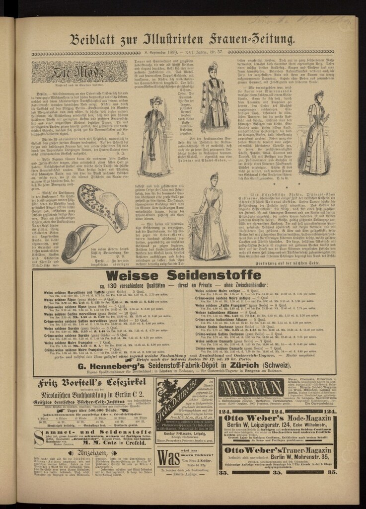 Miniatura de Illustrierte Frauen Zeitung del 8 de septiembre de 1889, suplemento al nº 37