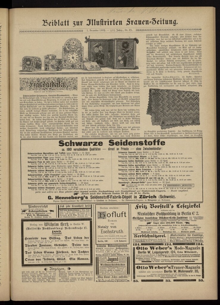 Miniatura de Illustrierte Frauen Zeitung del 1 de diciembre de 1889, suplemento al nº 49