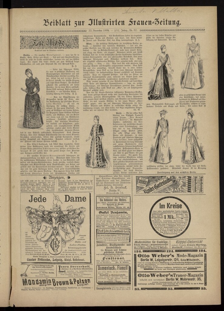 Miniatura de Illustrierte Frauen Zeitung del 22 de diciembre de 1889, suplemento al nº 52