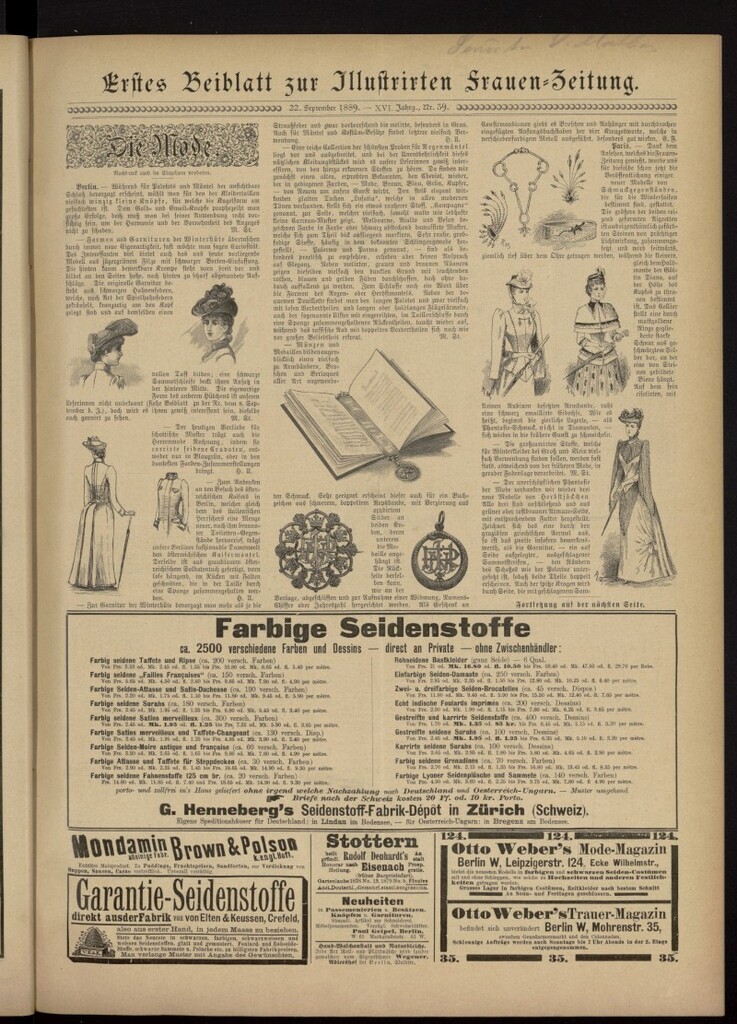 Miniatura de Illustrierte Frauen Zeitung del 22 de septiembre de 1889, primer suplemento al nº 39