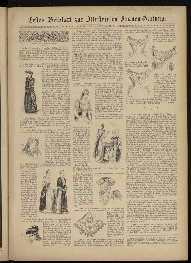 Miniatura de Illustrierte Frauen Zeitung del 20 de octubre de 1889, primer suplemento al nº 43