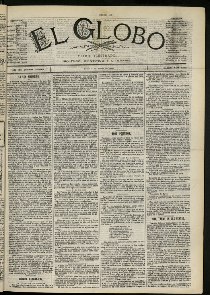 Miniatura de El Globo : diario ilustrado del 4 de enero de 1886, nº 3720