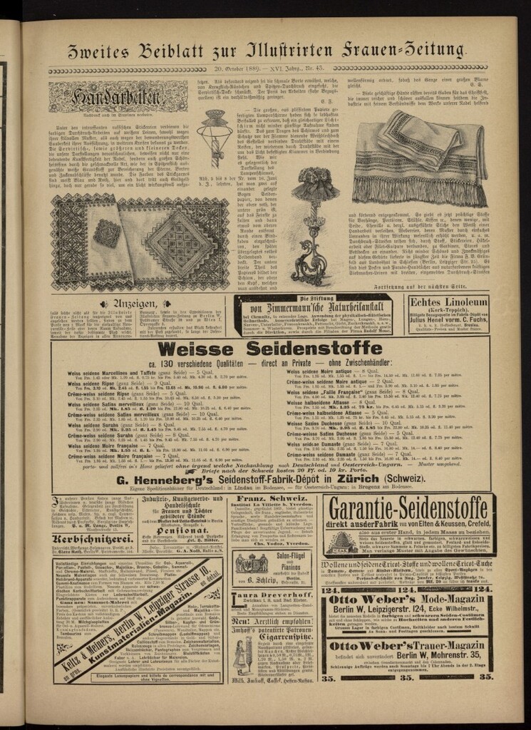 Miniatura de Illustrierte Frauen Zeitung del 20 de octubre de 1889, segundo suplemento al nº 43