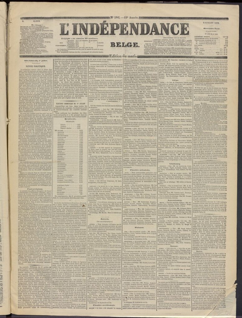 Miniatura de L´Indépendance Belge del 2 de julio de 1872, nº 184