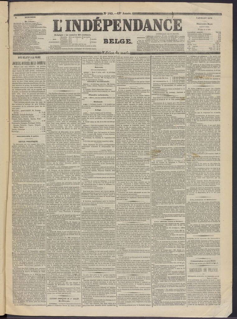 Miniatura de L´Indépendance Belge del 3 de julio de 1872, nº 185