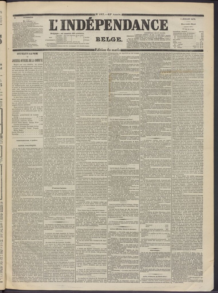 Miniatura de L´Indépendance Belge del 5 de julio de 1872, nº 187