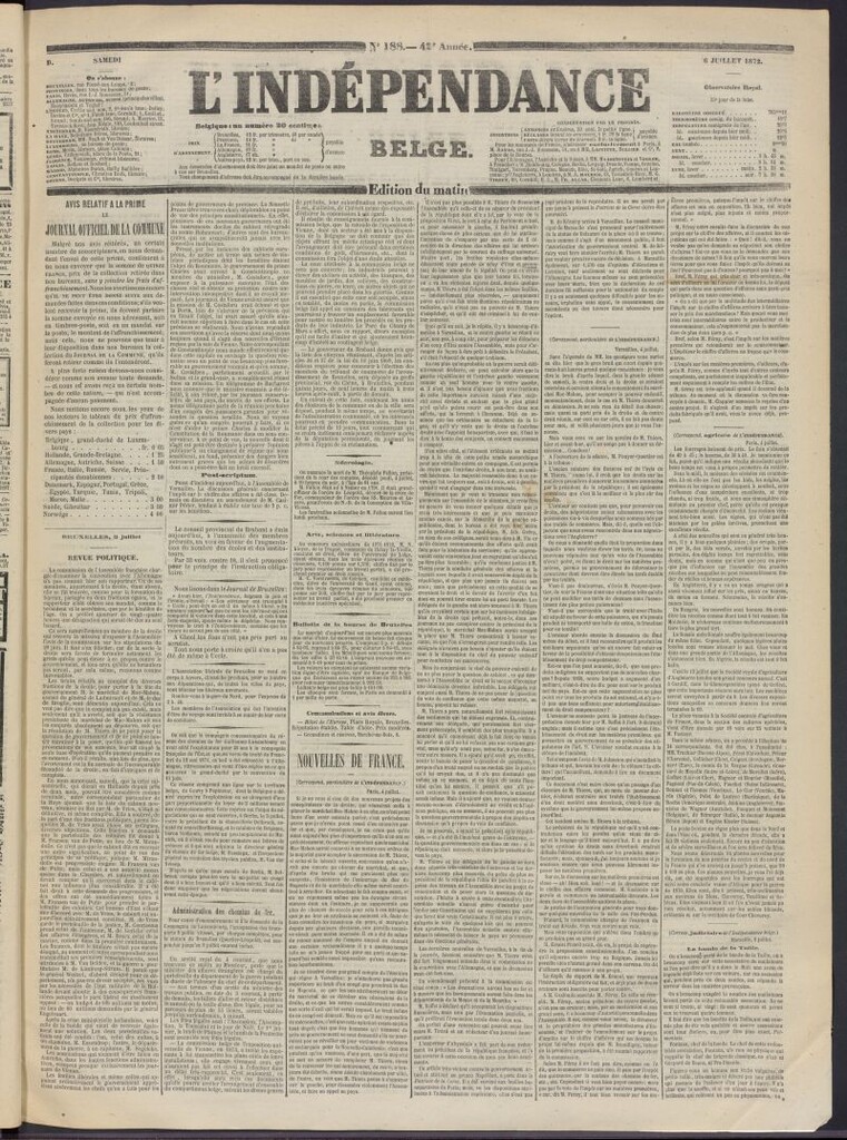 Miniatura de L´Indépendance Belge del 6 de julio de 1872, nº 188