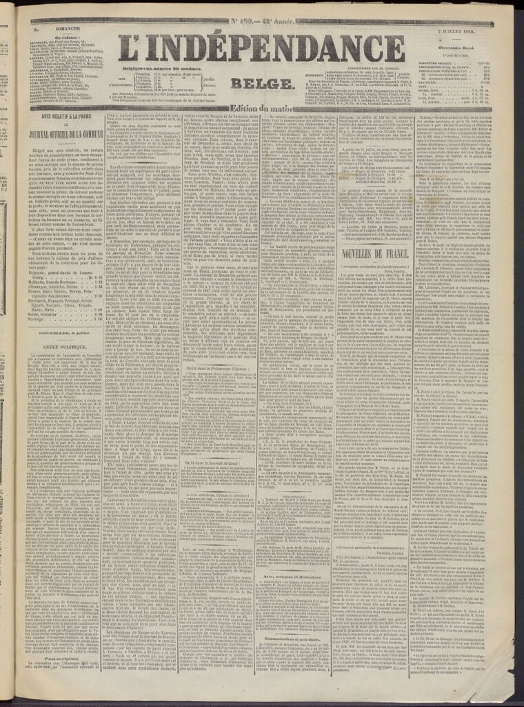 Miniatura de L´Indépendance Belge del 7 de julio de 1872, nº 189