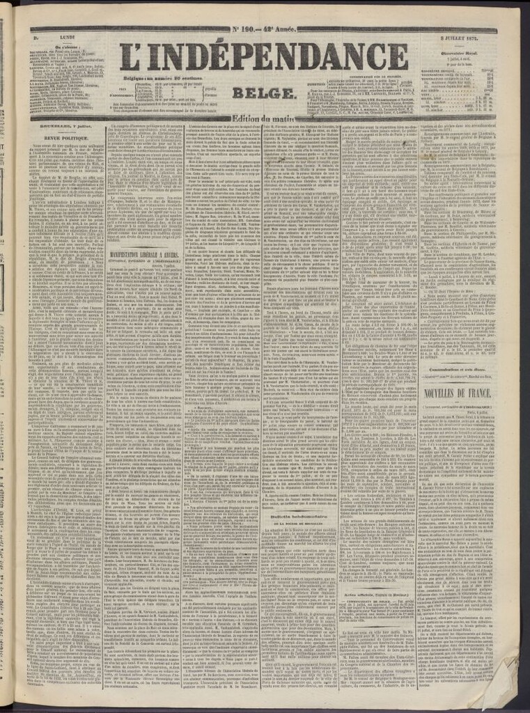 Miniatura de L´Indépendance Belge del 8 de julio de 1872, nº 190