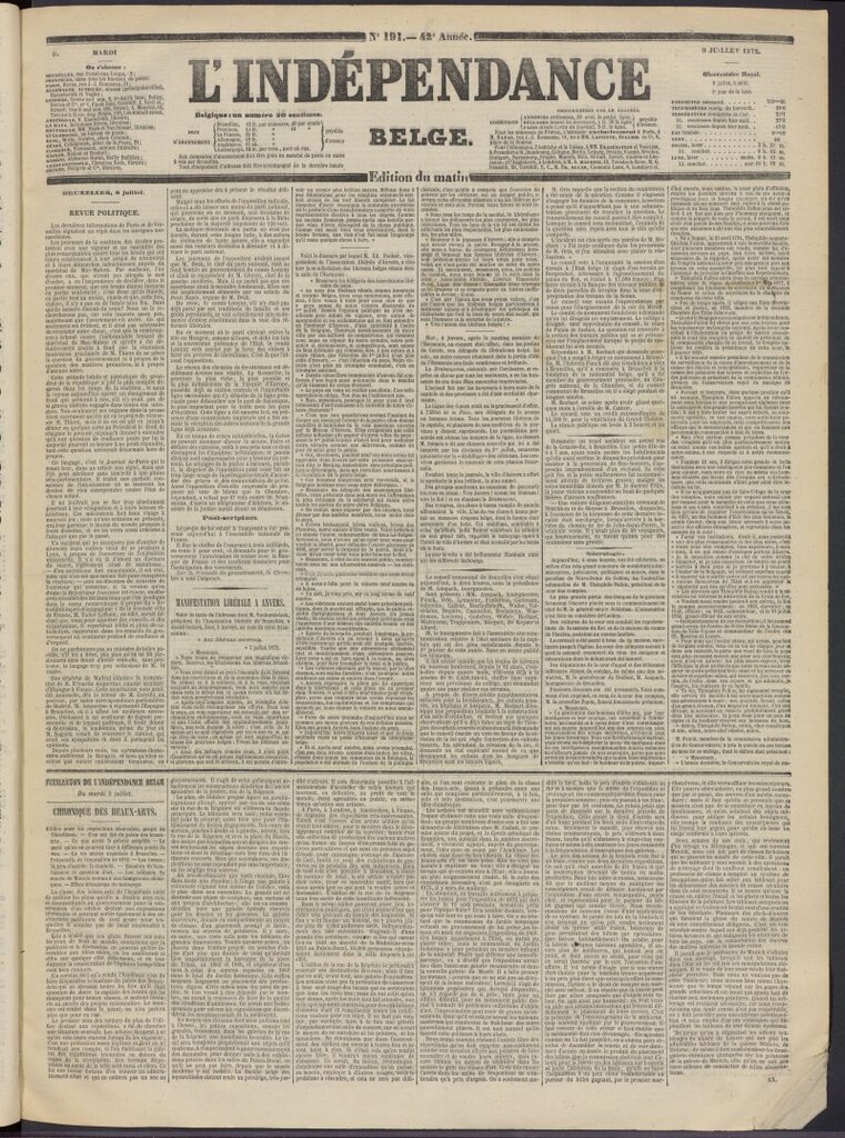 Miniatura de L´Indépendance Belge del 9 de julio de 1872, nº 191