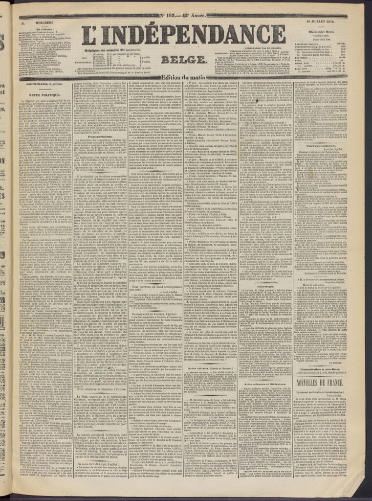 Miniatura de L´Indépendance Belge del 10 de julio de 1872, nº 192