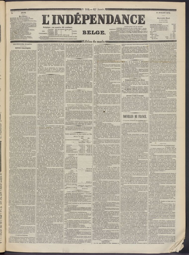 Miniatura de L´Indépendance Belge del 11 de julio de 1872, nº 193