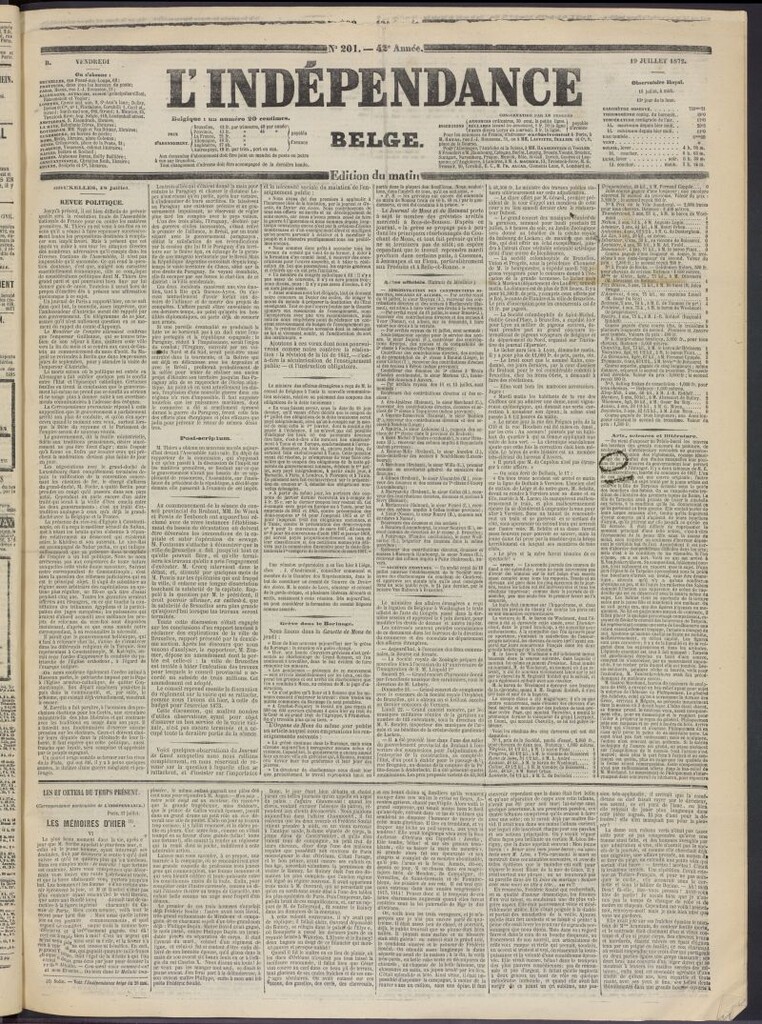 Miniatura de L´Indépendance Belge del 19 de julio de 1872, nº 201