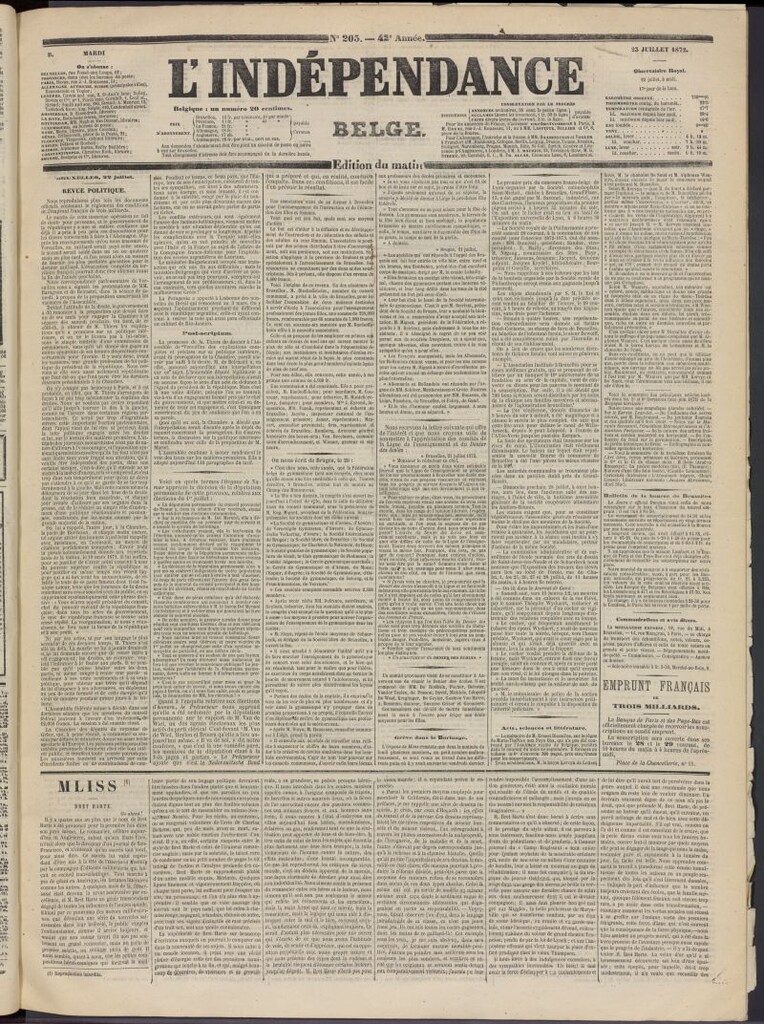 Miniatura de L´Indépendance Belge del 23 de julio de 1872, nº 205