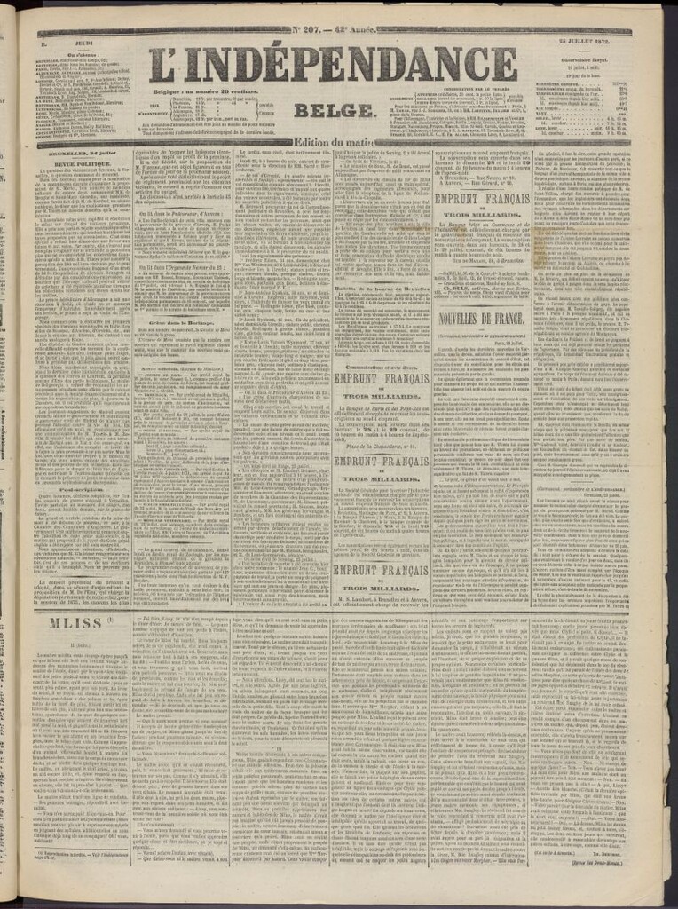 Miniatura de L´Indépendance Belge del 25 de julio de 1872, nº 207