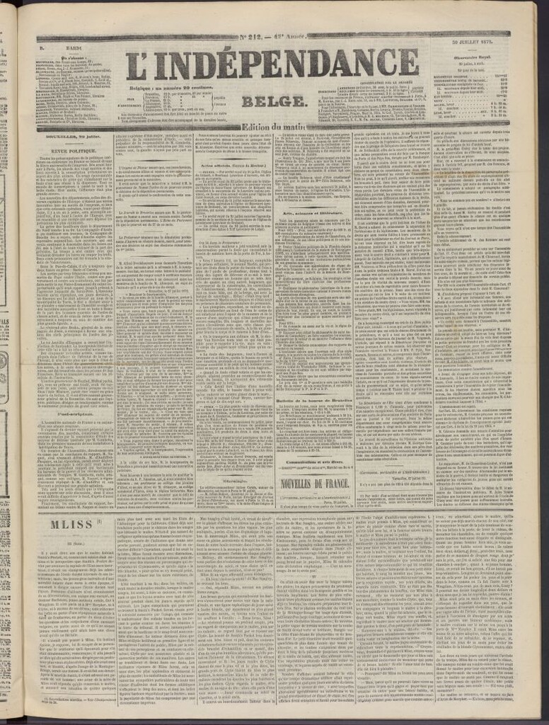 Miniatura de L´Indépendance Belge del 30 de julio de 1872, nº 212