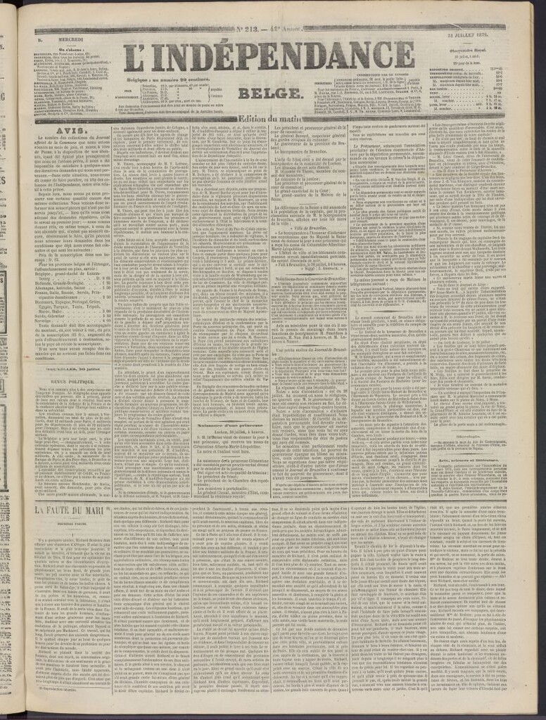 Miniatura de L´Indépendance Belge del 31 de julio de 1872, nº 213