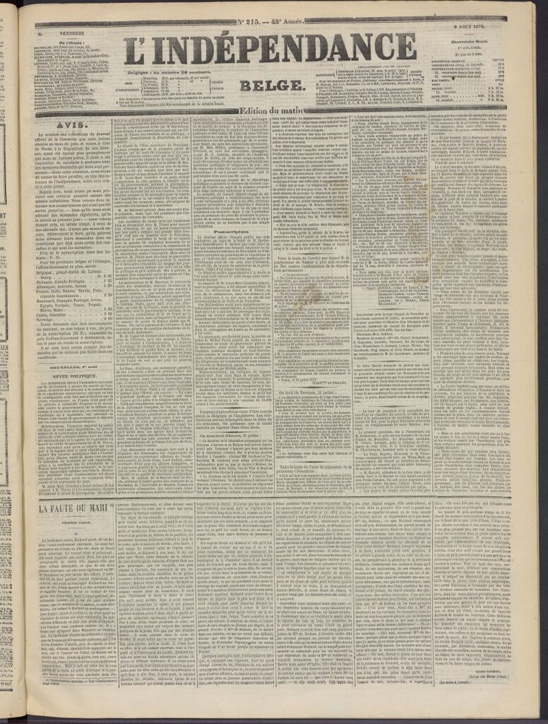 Miniatura de L´Indépendance Belge del 2 de agosto de 1872, nº 215