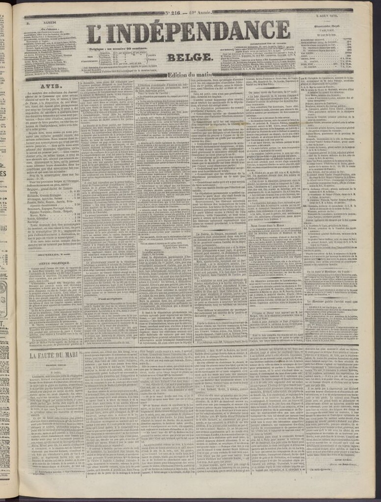 Miniatura de L´Indépendance Belge del 3 de agosto de 1872, nº 216