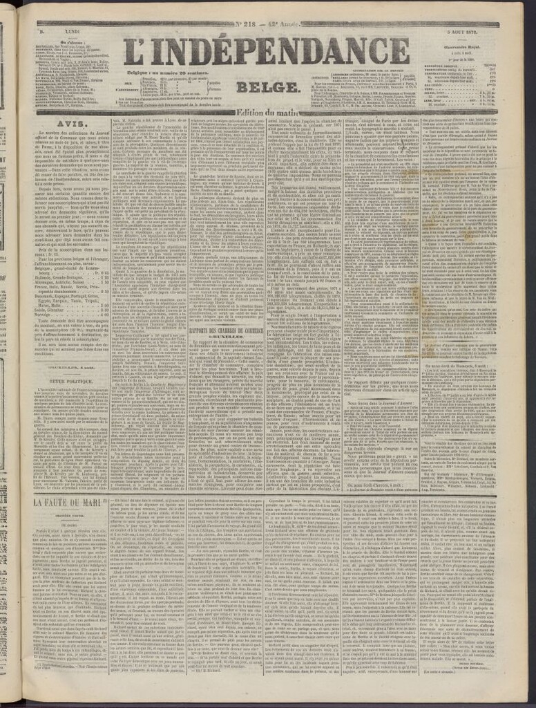 Miniatura de L´Indépendance Belge del 5 de agosto de 1872, nº 218