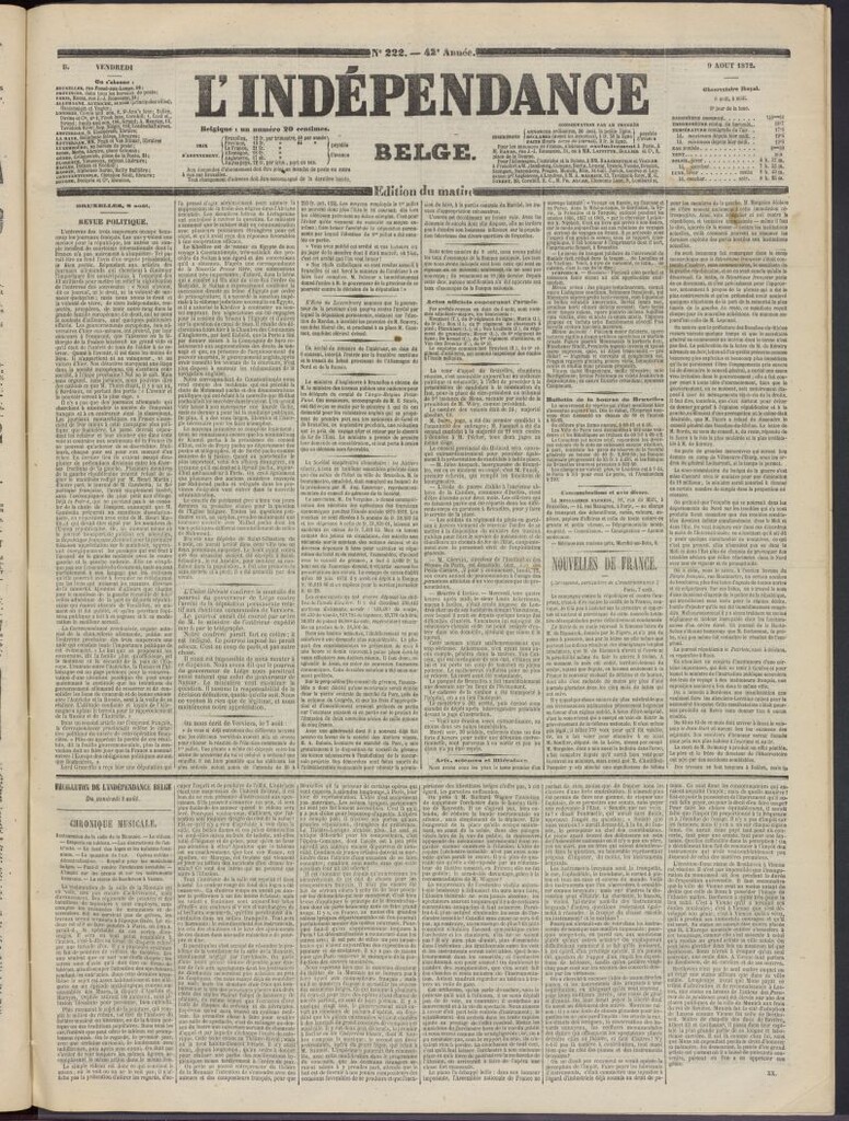 Miniatura de L´Indépendance Belge del 9 de agosto de 1872, nº 222