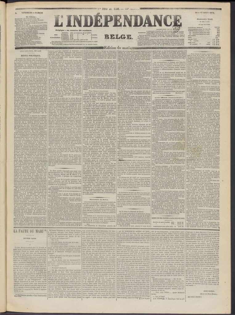Miniatura de L´Indépendance Belge del 16 y 17 de agosto de 1872, nº 229 y 230