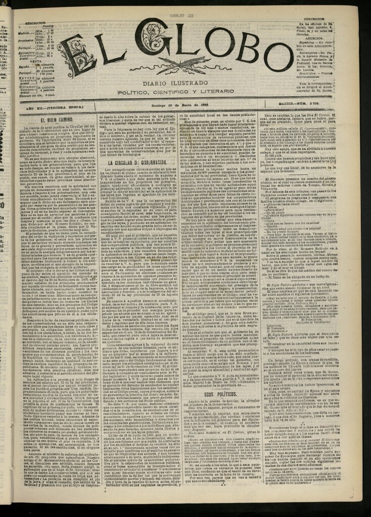 Miniatura de El Globo : diario ilustrado del 10 de enero de 1886, nº 3726