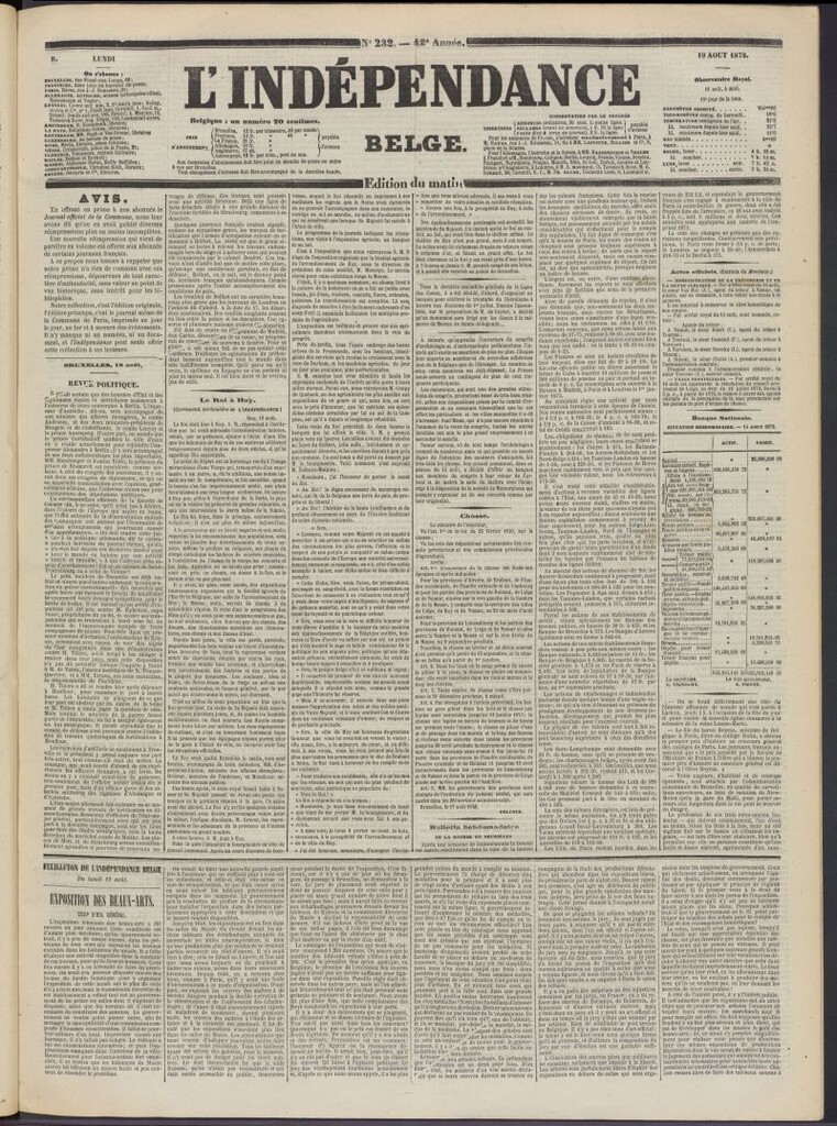 Miniatura de L´Indépendance Belge del 19 de agosto de 1872, nº 232